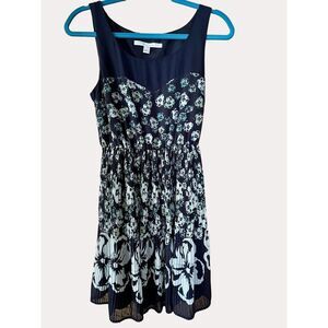 LC Lauren Conrad Pleated Floral Print Sleeveless Short Dress Navy Blue 4
